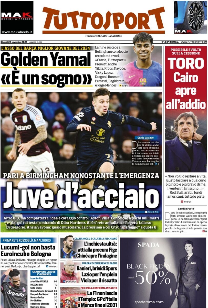 Prima pagina Tuttosport (28 novembre 2024)