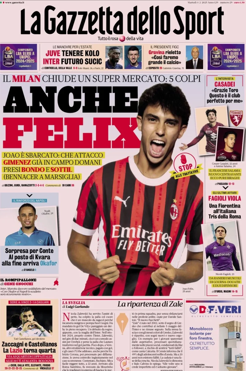 Prima pagina Gazzetta dello Sport 4 febbraio